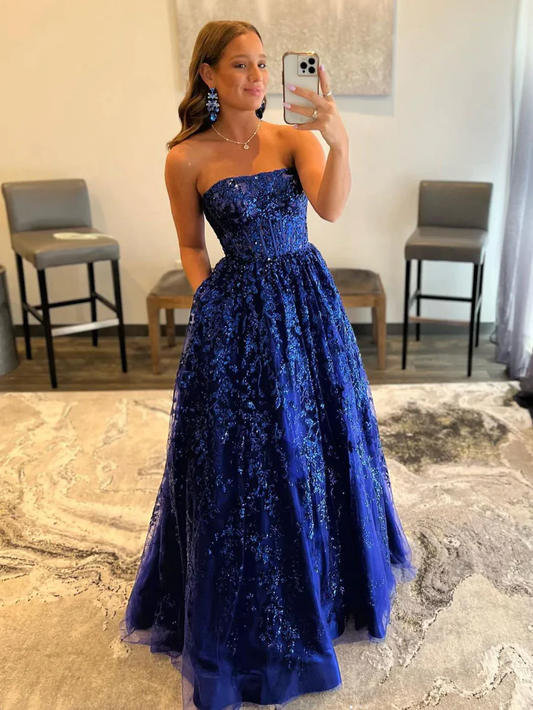 Blue A line tulle sequin long prom dress, blue tulle evening dress