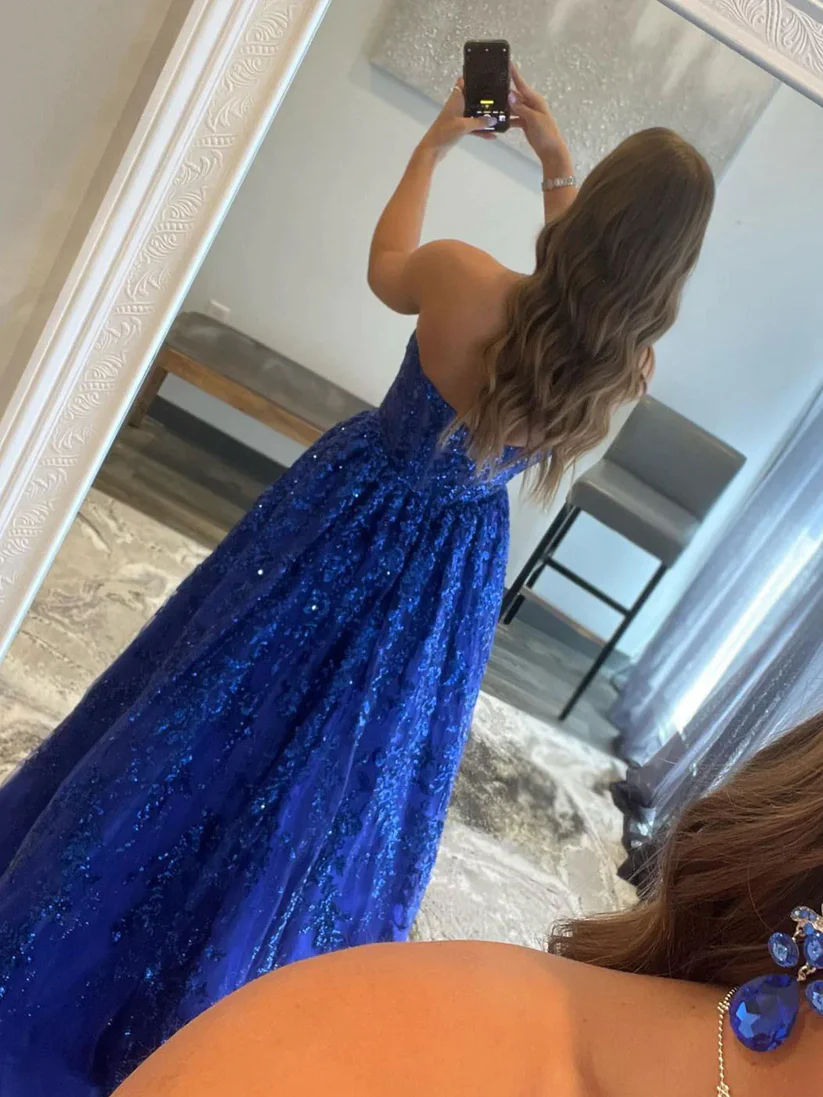 Blue A line tulle sequin long prom dress, blue tulle evening dress