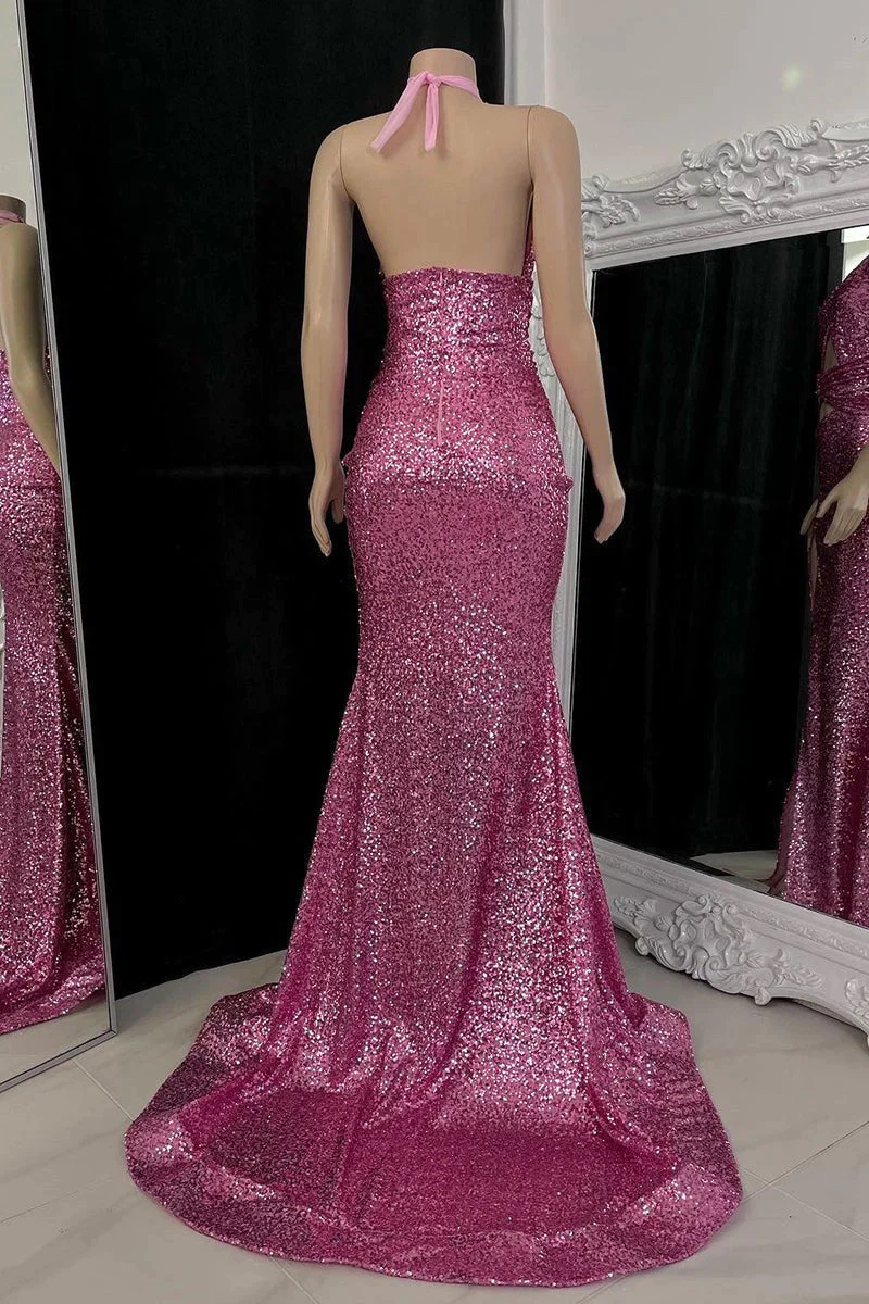 Sexy Mermaid High Neck Sequined Sleeveless Prom Dress With Slit Long