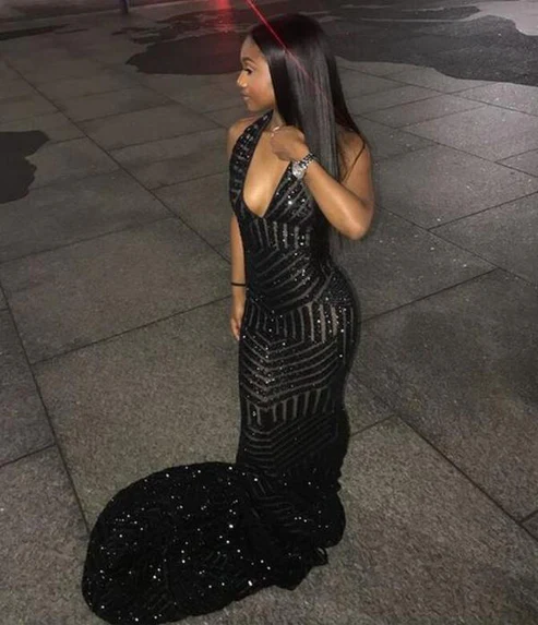 Mermaid Sequins Black Girl Prom Dresses