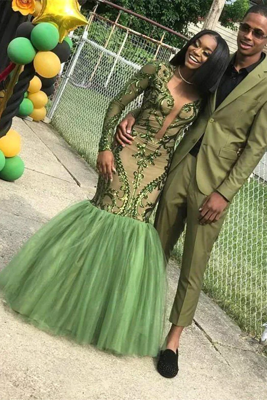 Green Sequins Prom Dresses,Sexy Mermaid Long-Sleeves Evening Gowns