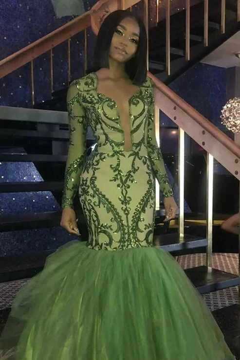 Green Sequins Prom Dresses,Sexy Mermaid Long-Sleeves Evening Gowns