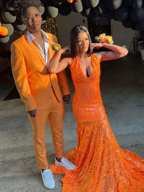 Sexy Orange Sequins Long Prom Dress For Black Girls,New Arrival Prom Dress