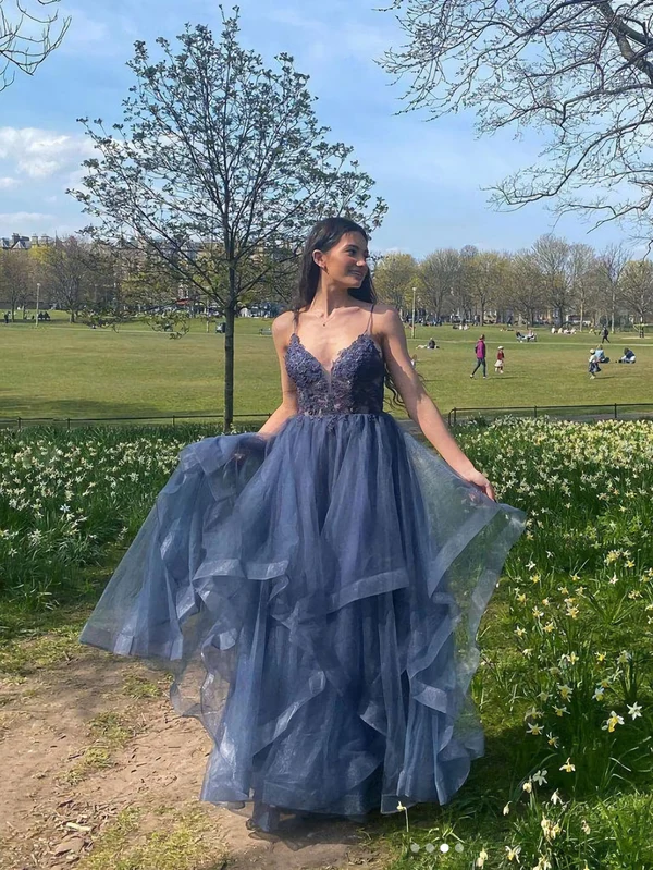 Gray Blue V Neck Tulle Lace Long Prom Dress, Blue Formal Dress