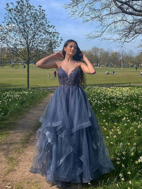 Gray Blue V Neck Tulle Lace Long Prom Dress, Blue Formal Dress