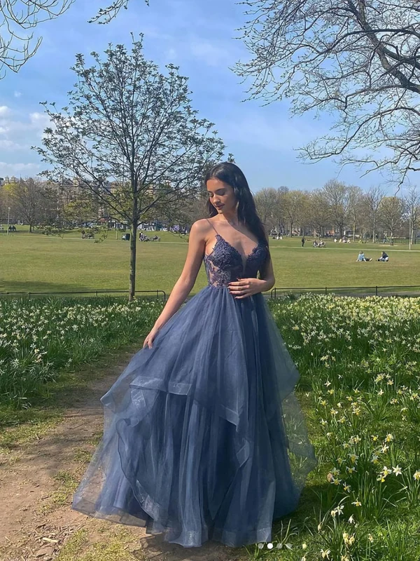 Gray Blue V Neck Tulle Lace Long Prom Dress, Blue Formal Dress