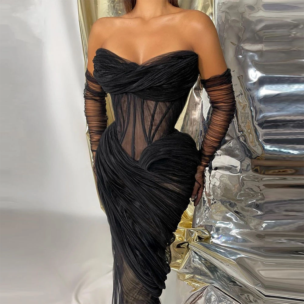 Dubai Black Mermaid Evening Dresses Sweetheart Long Sleeves Pleat Ruched Saudi Arabic Women Party Prom Gowns