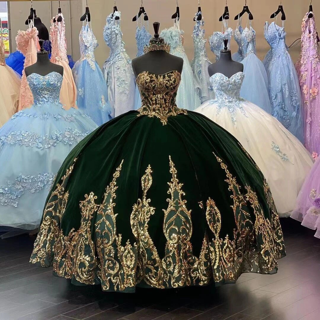 Sparkly Green Velvet Quinceanera Dresses Ball Gown Sequin Appliques Graduation Gowns vestidos de xv años Sweet 15 16 Dress