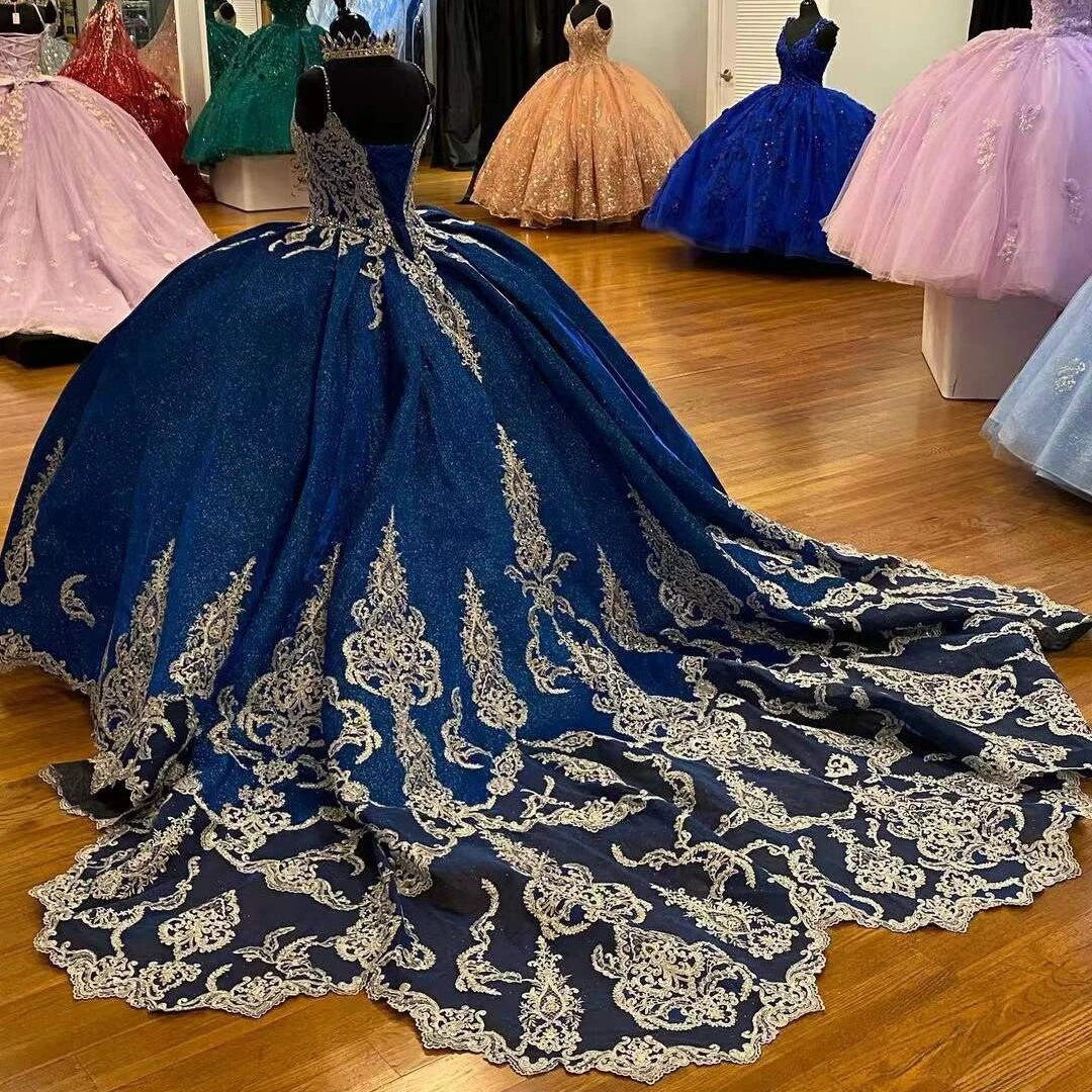 Blue Quinceanera Dresses Ball Gown For S16 weet Girl Sequined Beading Appliques Sweep Train Princess Dress Vestidos De 15 Años