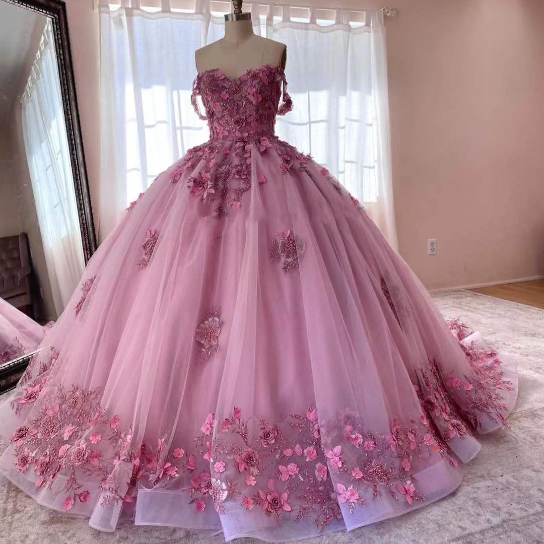 New Pink Quinceanera Dresses 3D Appliques Beading Sequin Sweetheart Handmade Flower Ball Gowns Vestidos De 15 Años