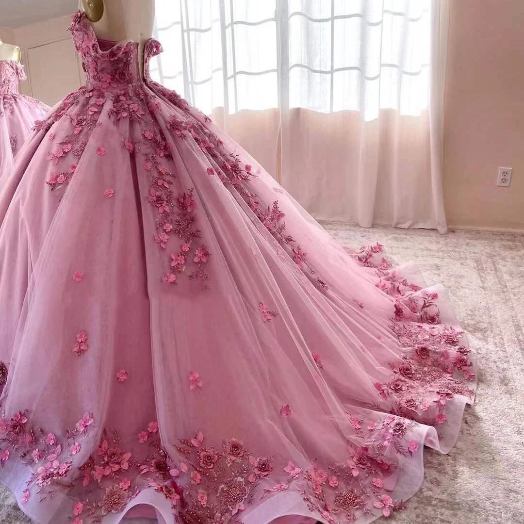 New Pink Quinceanera Dresses 3D Appliques Beading Sequin Sweetheart Handmade Flower Ball Gowns Vestidos De 15 Años