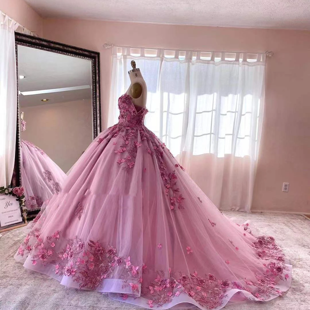 New Pink Quinceanera Dresses 3D Appliques Beading Sequin Sweetheart Handmade Flower Ball Gowns Vestidos De 15 Años