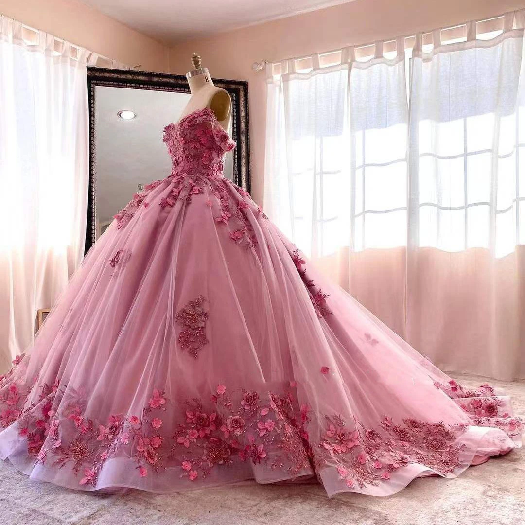 New Pink Quinceanera Dresses 3D Appliques Beading Sequin Sweetheart Handmade Flower Ball Gowns Vestidos De 15 Años