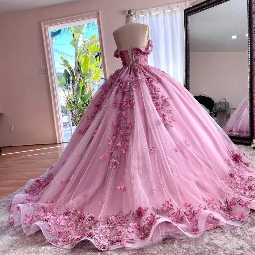 New Pink Quinceanera Dresses 3D Appliques Beading Sequin Sweetheart Handmade Flower Ball Gowns Vestidos De 15 Años