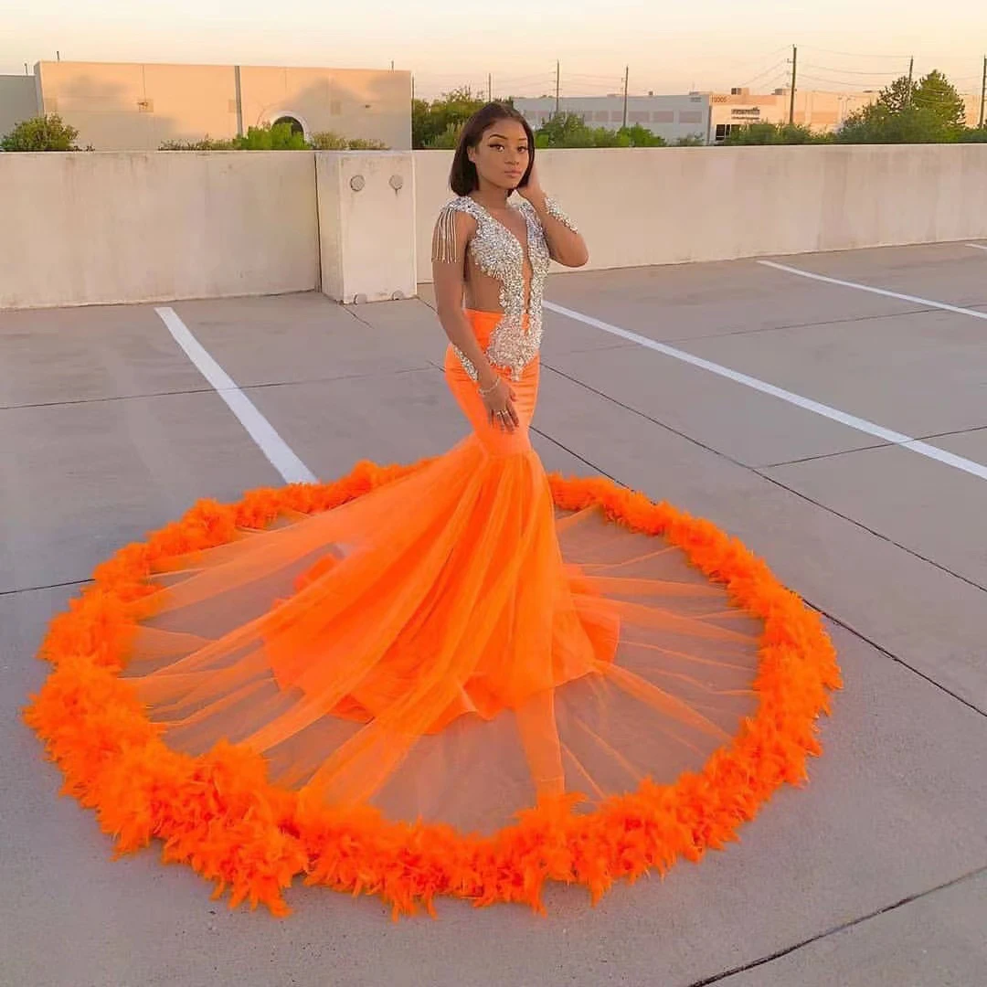 Orange African Prom Dresses Beading Sequined Deep V Neck Feahers Long Mermaid Eveing Dress Formal Party Gowns Vestidos Plus Size