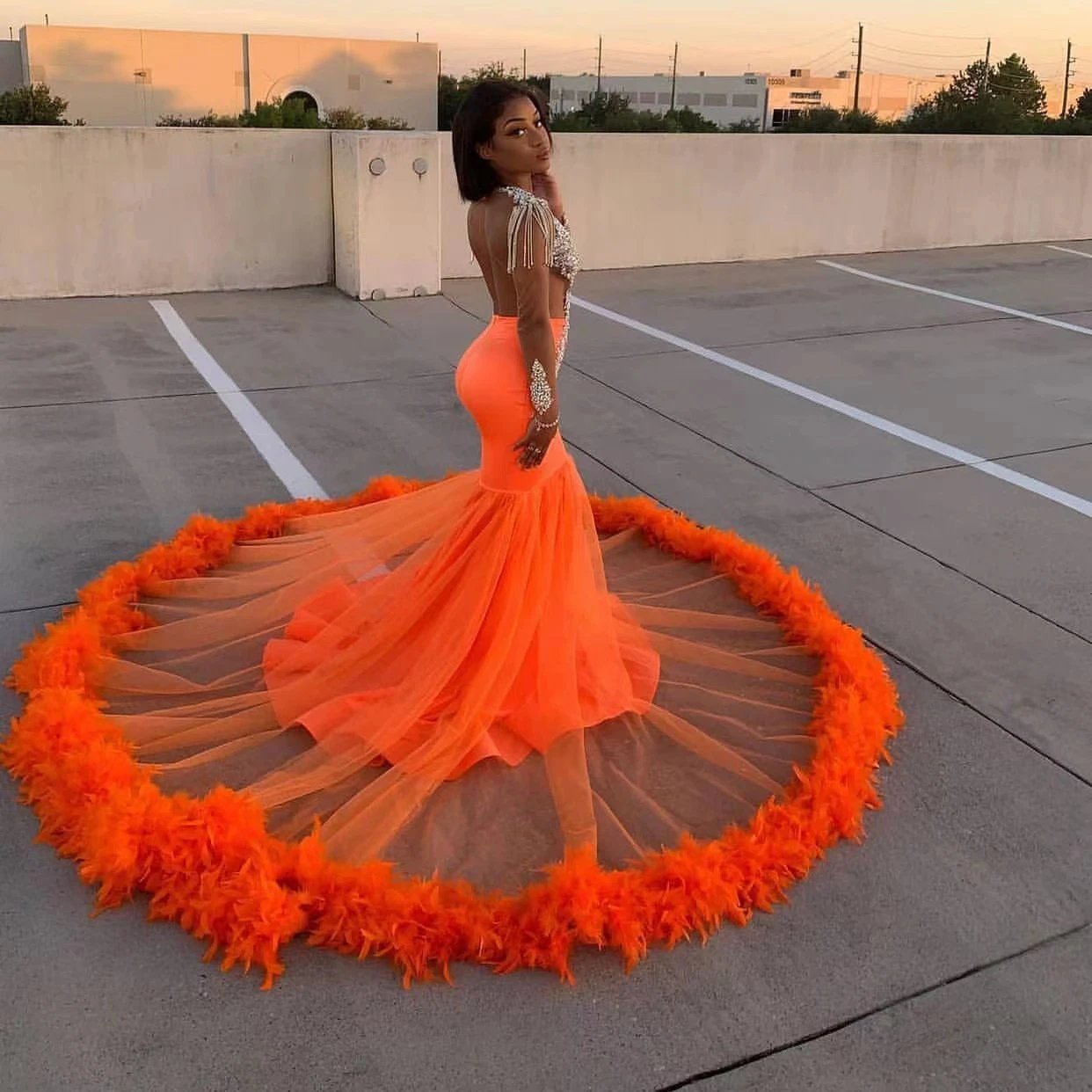 Orange African Prom Dresses Beading Sequined Deep V Neck Feahers Long Mermaid Eveing Dress Formal Party Gowns Vestidos Plus Size