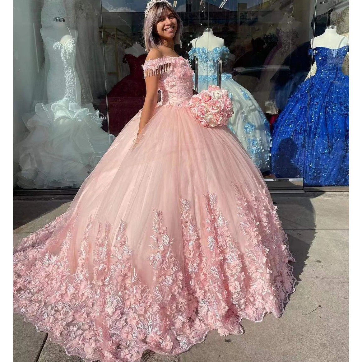 Luxury New Pink Quinceanera Dress Sequined Beading Appliques 3D Flowers Short Sleeve Sweetheart Ball Gown Vestidos De Fiesta