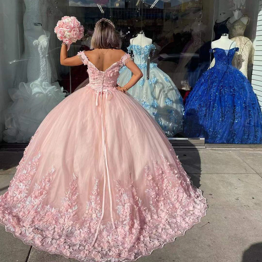 Luxury New Pink Quinceanera Dress Sequined Beading Appliques 3D Flowers Short Sleeve Sweetheart Ball Gown Vestidos De Fiesta