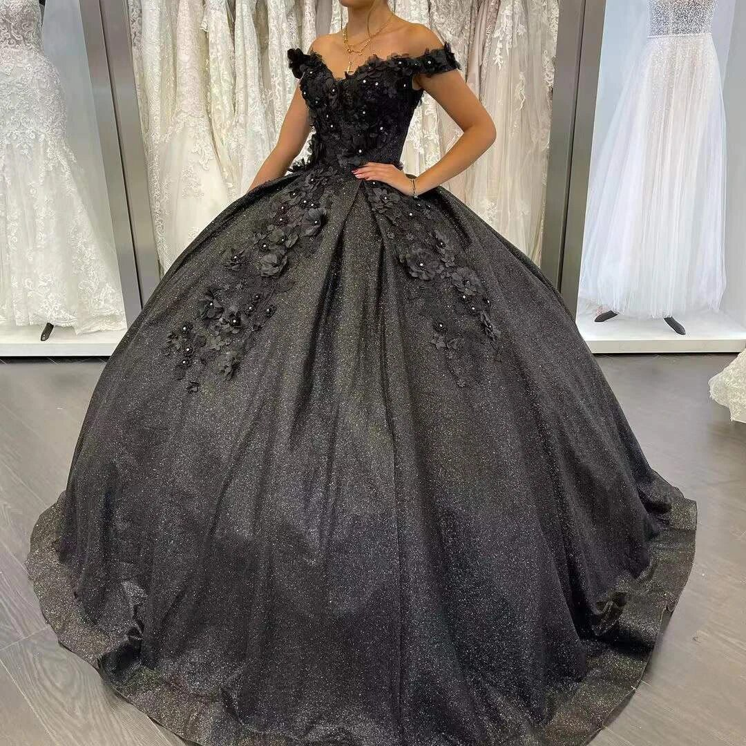 Black Formal Quinceanera Dresses Ball Gowns Beading Sequin Appliques Sweetheart Off Shoulder For Sweert Girl Vestidos De Fiesta