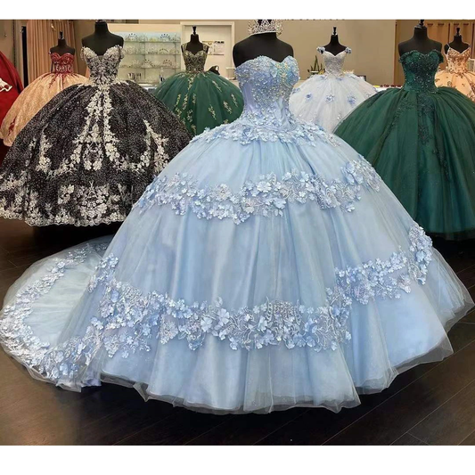 Sky Blue Ball Gown Quinceanera Dresses Beads Sequined 3D Flowers Sweetheart Appliques Sweet 16 Dress vestidos de 15 años