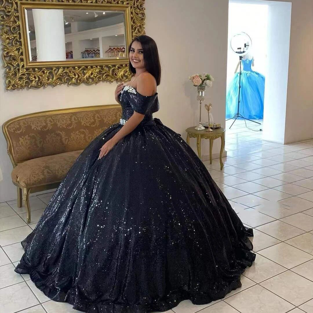 Black Shiny Quinceanera Dresses Sequined Beading Off The Shoulder Princess Ball Gown For Sweet 16 Girl Vestidos De 15 Años