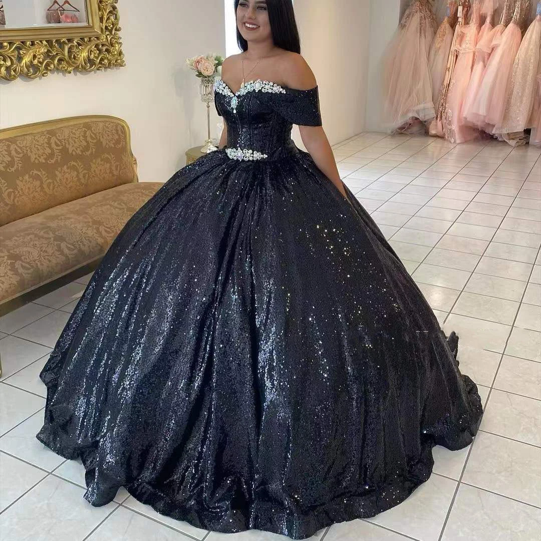 Black Shiny Quinceanera Dresses Sequined Beading Off The Shoulder Princess Ball Gown For Sweet 16 Girl Vestidos De 15 Años