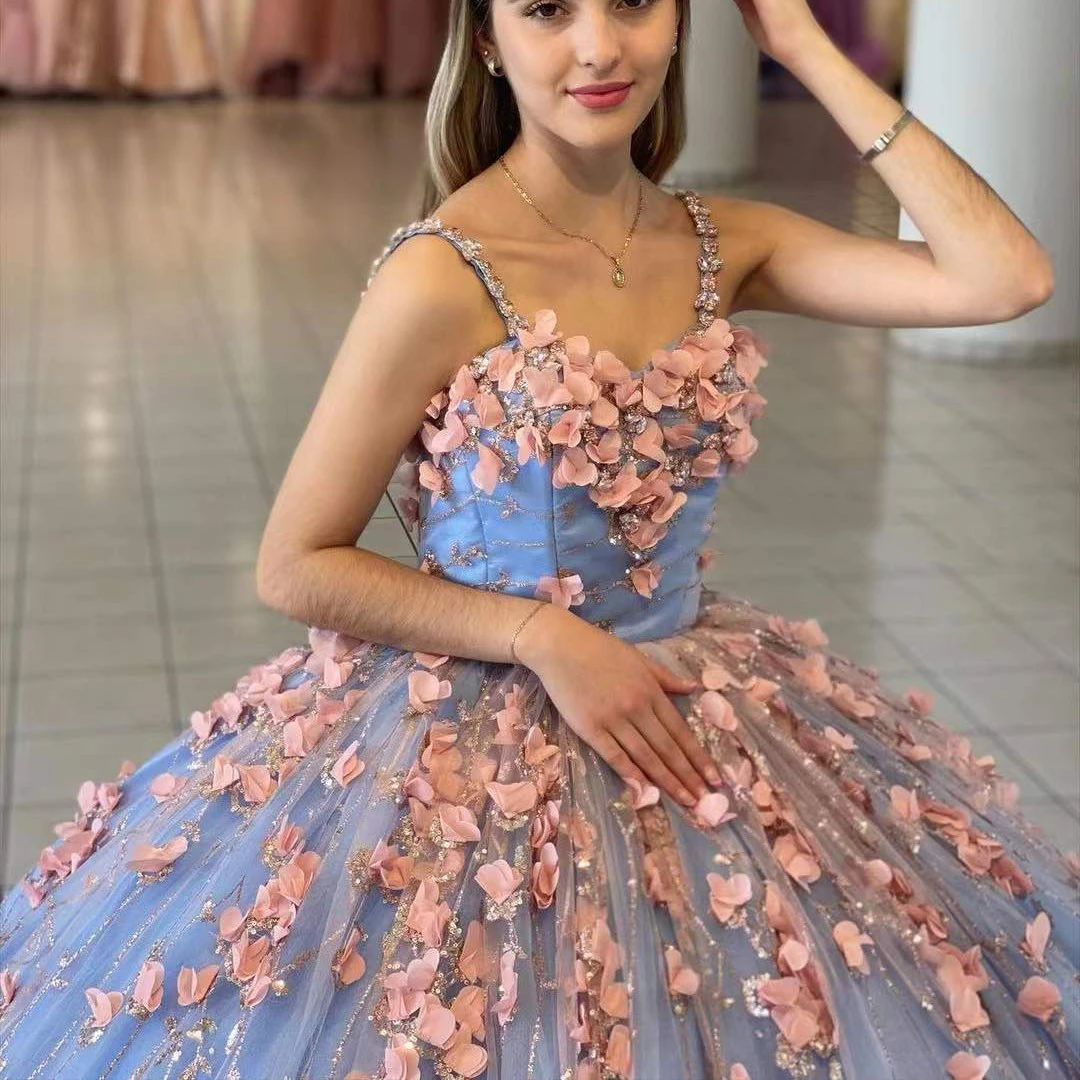 Vestidos De Fiesta New Quinceanera Dresses For Sweet Girl Beading Sequin Handmade Sweetheart 3D Flowers Formal Ball Gowns