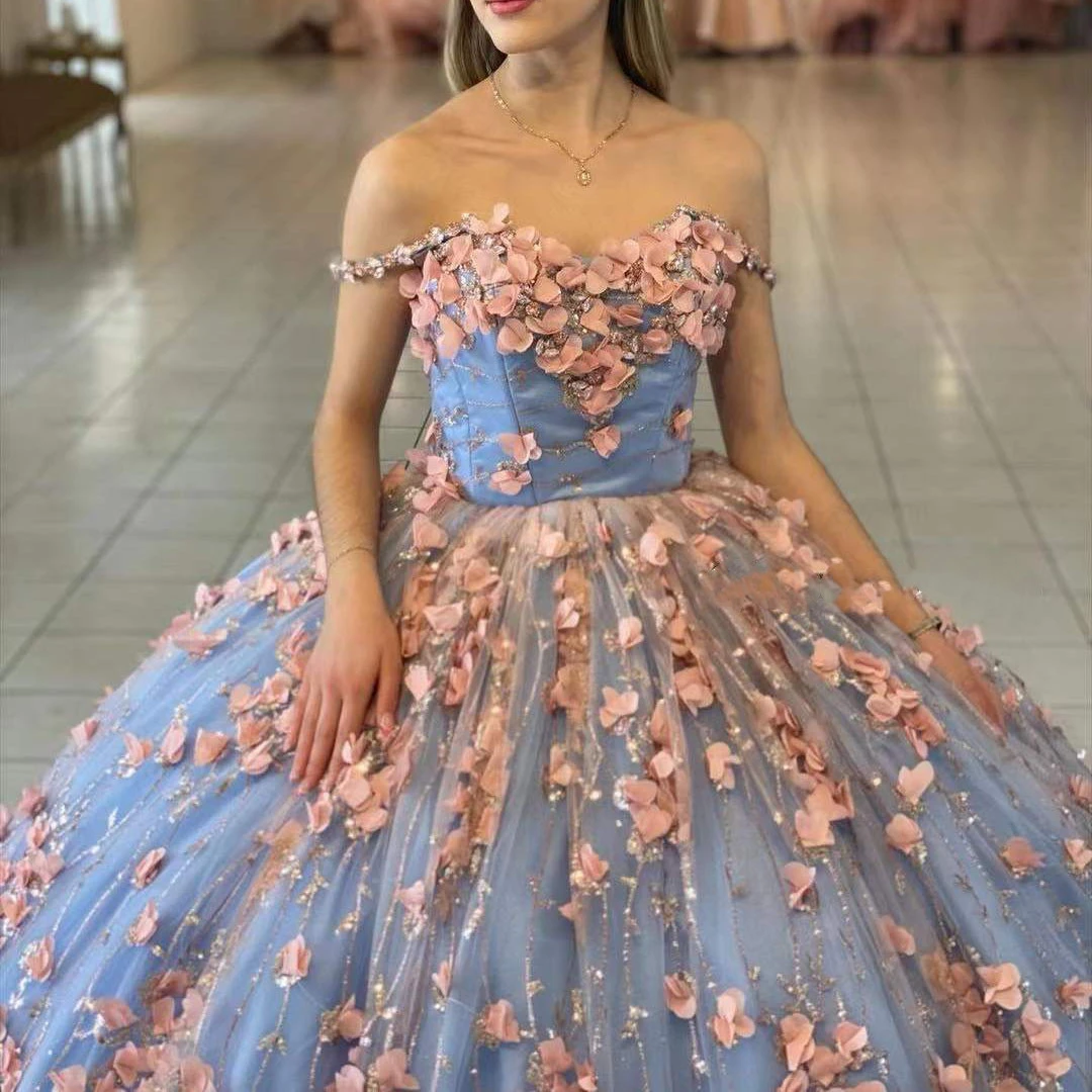 Vestidos De Fiesta New Quinceanera Dresses For Sweet Girl Beading Sequin Handmade Sweetheart 3D Flowers Formal Ball Gowns