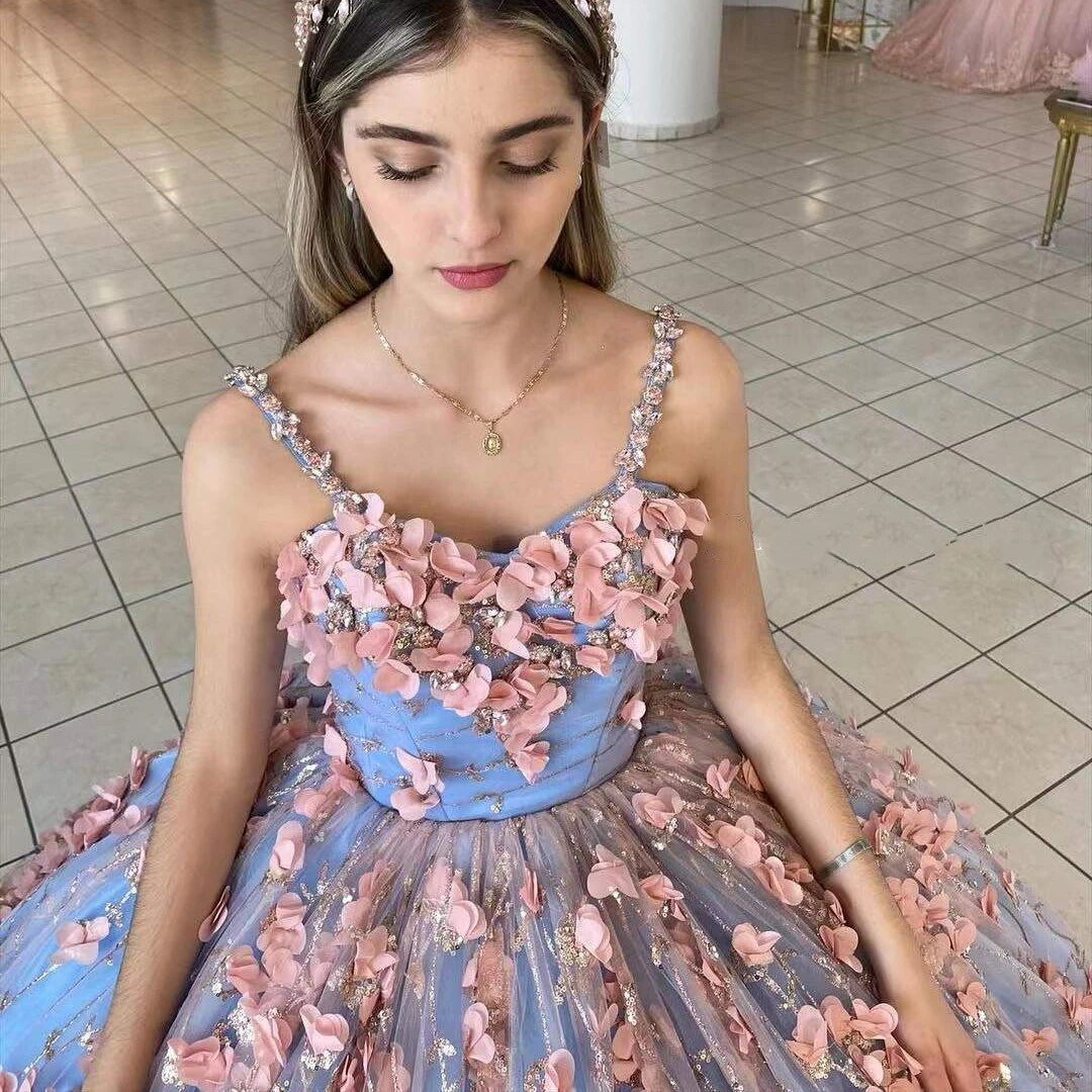 Vestidos De Fiesta New Quinceanera Dresses For Sweet Girl Beading Sequin Handmade Sweetheart 3D Flowers Formal Ball Gowns