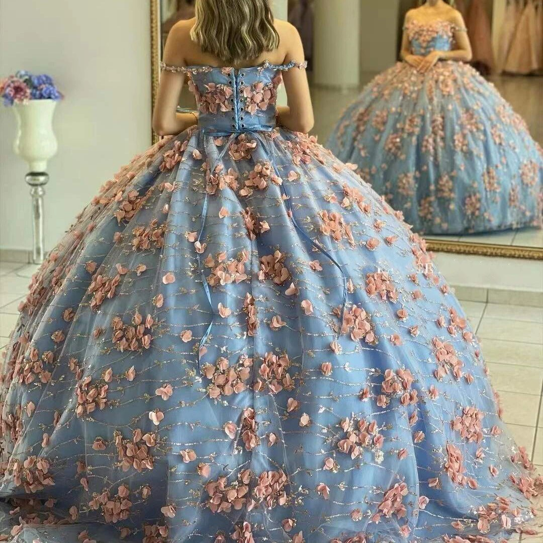 Vestidos De Fiesta New Quinceanera Dresses For Sweet Girl Beading Sequin Handmade Sweetheart 3D Flowers Formal Ball Gowns