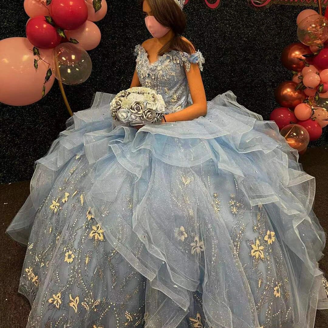 Blue Ball Gowns Quinceanera Dress For Sweet Girl Beading Sequin Appliques Sweetheart Princess Party Gown Vestidos De Quinceañera