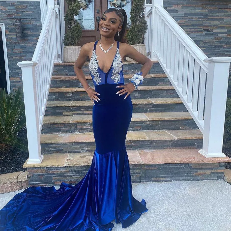 Dark Blue Prom Dress Velvet Beading Appliques Sleeveless Spaghetti Strap Floor Length Long Mermaid Evening Dresses For Women