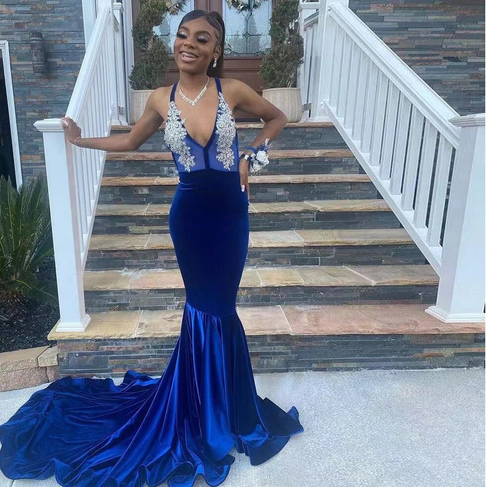 Dark Blue Prom Dress Velvet Beading Appliques Sleeveless Spaghetti Strap Floor Length Long Mermaid Evening Dresses For Women