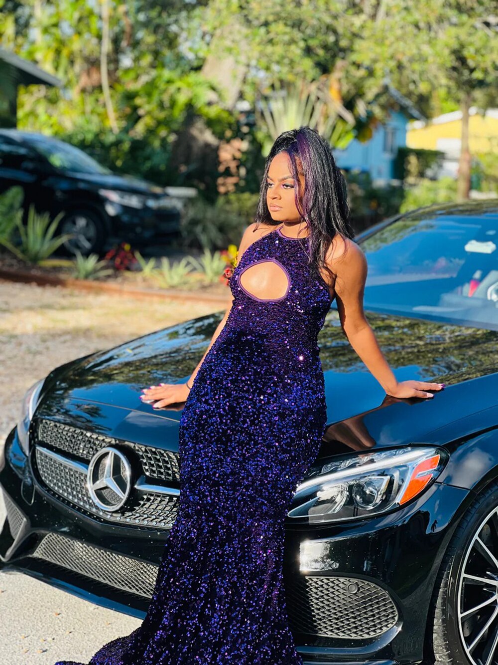 Sexy Mermaid Style Real Sample Cut Out Sparkly Purple Sequined Black Girls Elegant Long Prom Dresses Women