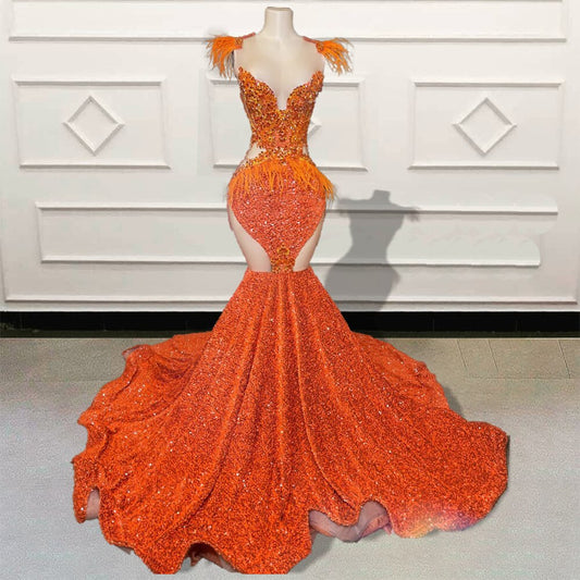 Luxury Orange Mermaid Long Prom Dresses for Birthday Party Sparkly Sequin Feathers Women Custom Formal Evening Gowns