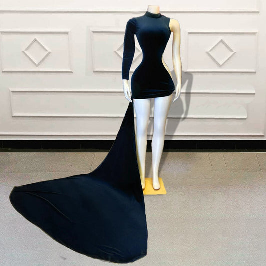 Sexy Black Girls Velvet Short Prom Dresses for Birthday Party Singe Full Sleeve Women Mini Cocktail Gowns Custom Made