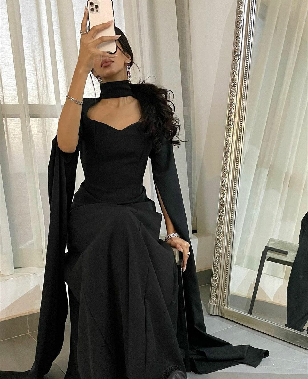 Black Mermaid Evening Dresses Floor-length Party Dress Shawl Sweetheart Prom Gowns Slit