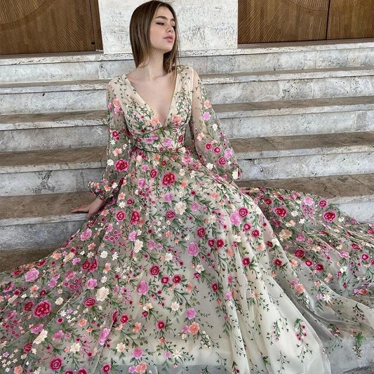 Elegant Floral Tulle Prom Dresses Puffy Long Sleeves Lace Appliques Formal Evening Gowns Nigh Party Wedding Guest