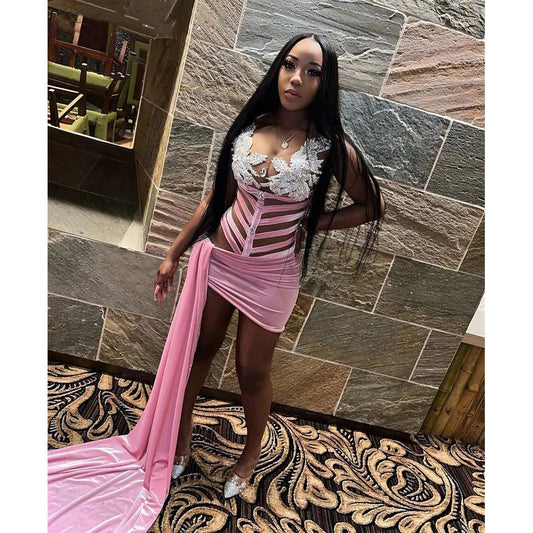 Sexy Pink Velvet O Neck Short Prom Dress For Black Girls Beaded Appliques Birthday Party Dresses Aso Ebi Mini Cocktail Gown