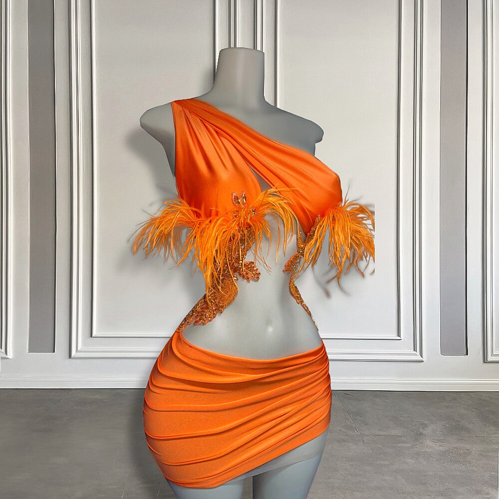 Sexy See Through Sparkly Beaded Crystals Orange Spandex African Black Girls Short Mini Prom Dresses For Birthday Party