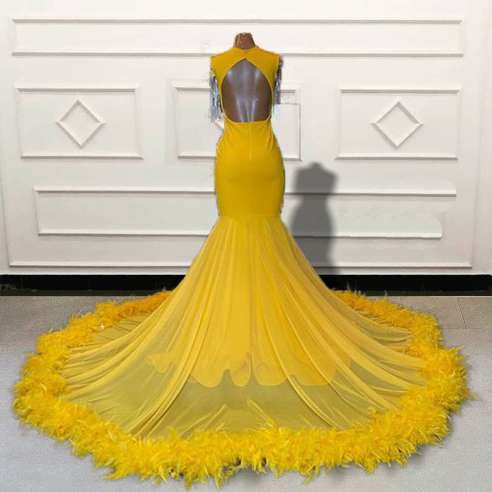 Black Girls Beaded Feathers Mermaid Long Prom Dresses for Graduation Party Luxury Yellow Women Custom Formal Evening Gown