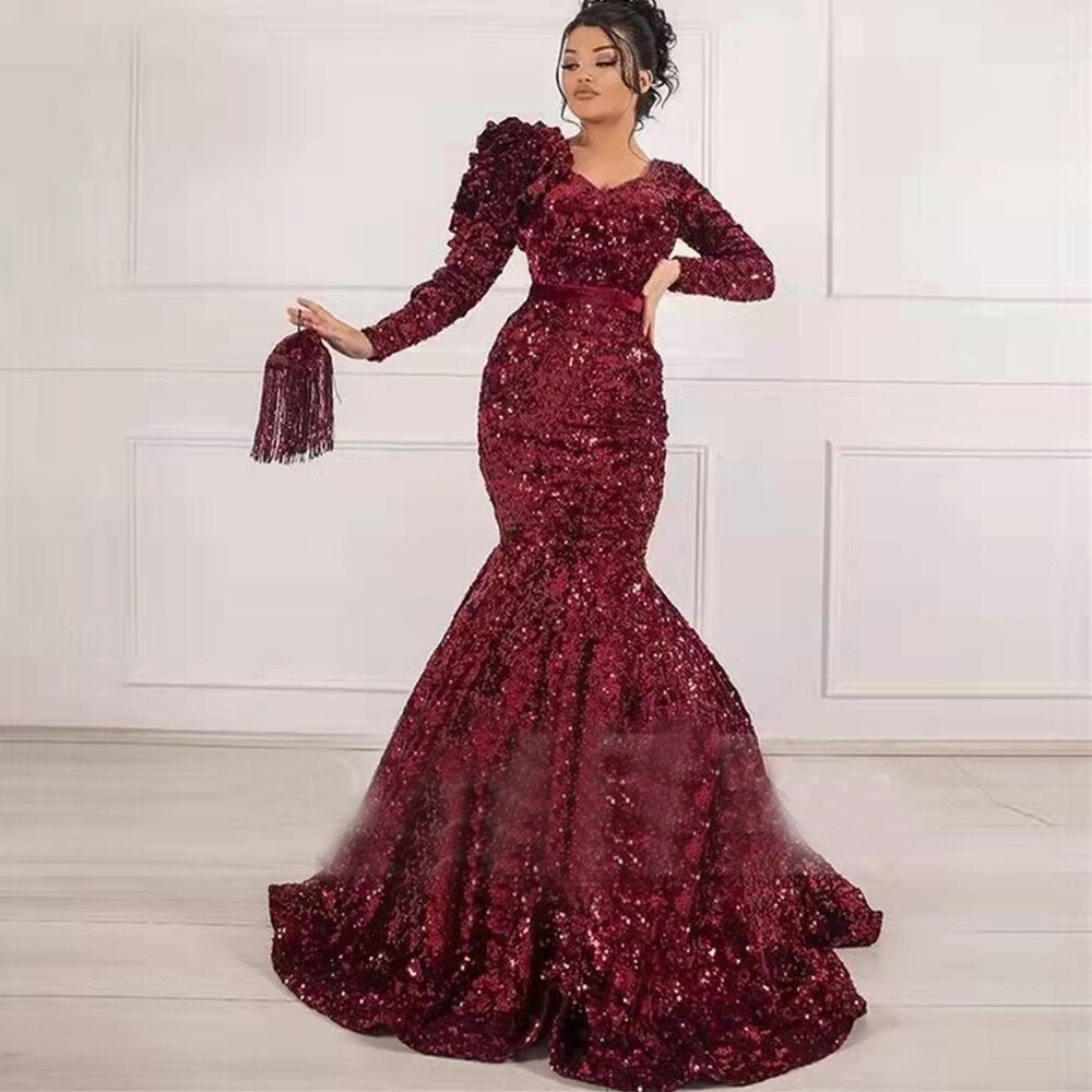 Arabic Dubai Burgundy Sequins Mermaid Evening Dress V Neck Full Sleeves Prom Gown Middle