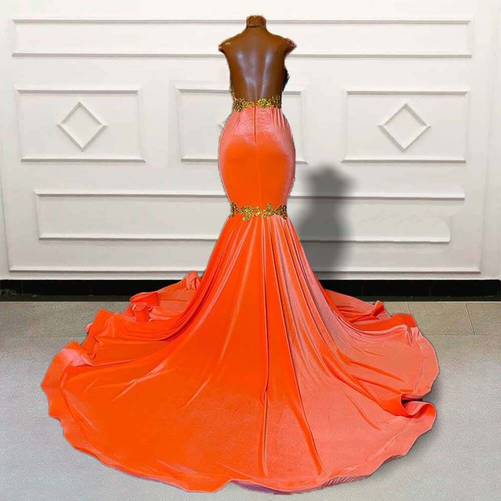 Gold Lace Orange Mermaid Long Prom Dresses for Graduation Party Sexy Sheer Mesh Backless Women Custom Formal Evening Gown