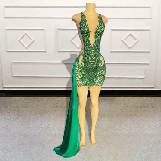 Black Girls Luxury Beaded Diamond Green Short Prom Dresses for Birthday Party Sexy See Through Women Mini Cocktail Gowns