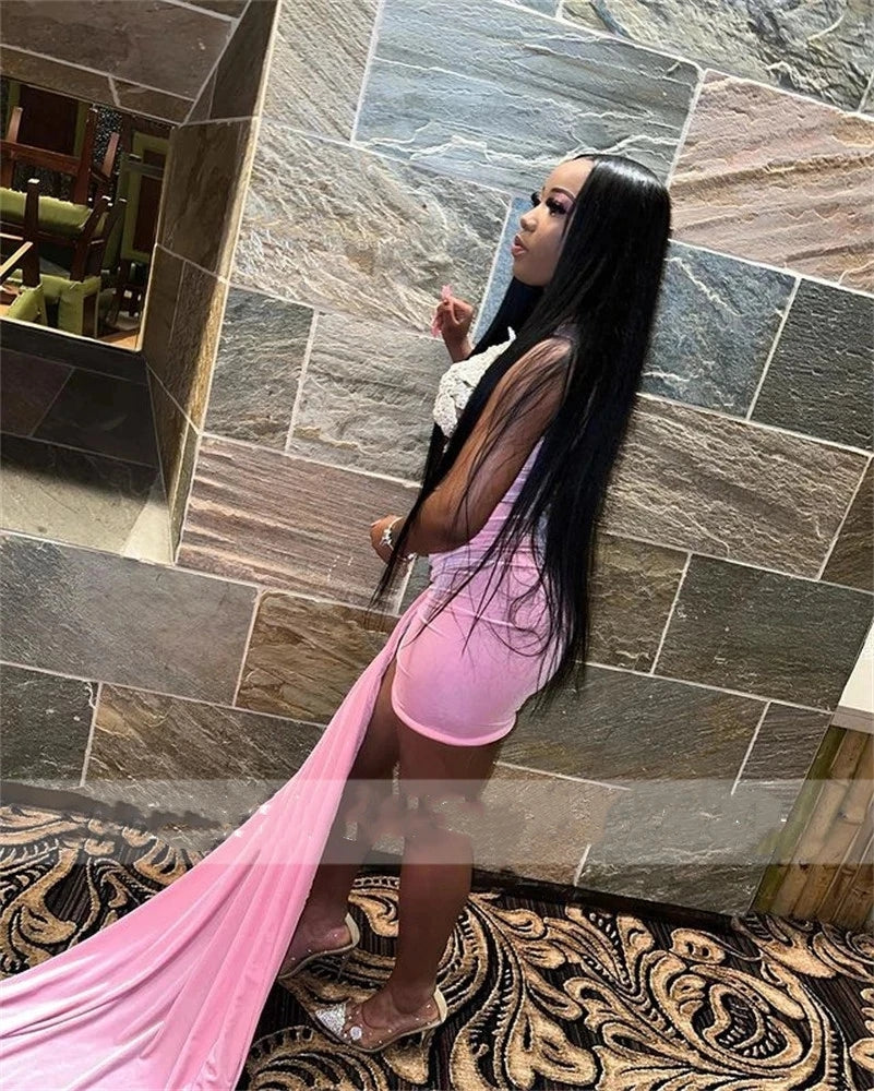 Sexy Pink Velvet O Neck Short Prom Dress For Black Girls Beaded Appliques Birthday Party Dresses Aso Ebi Mini Cocktail Gown