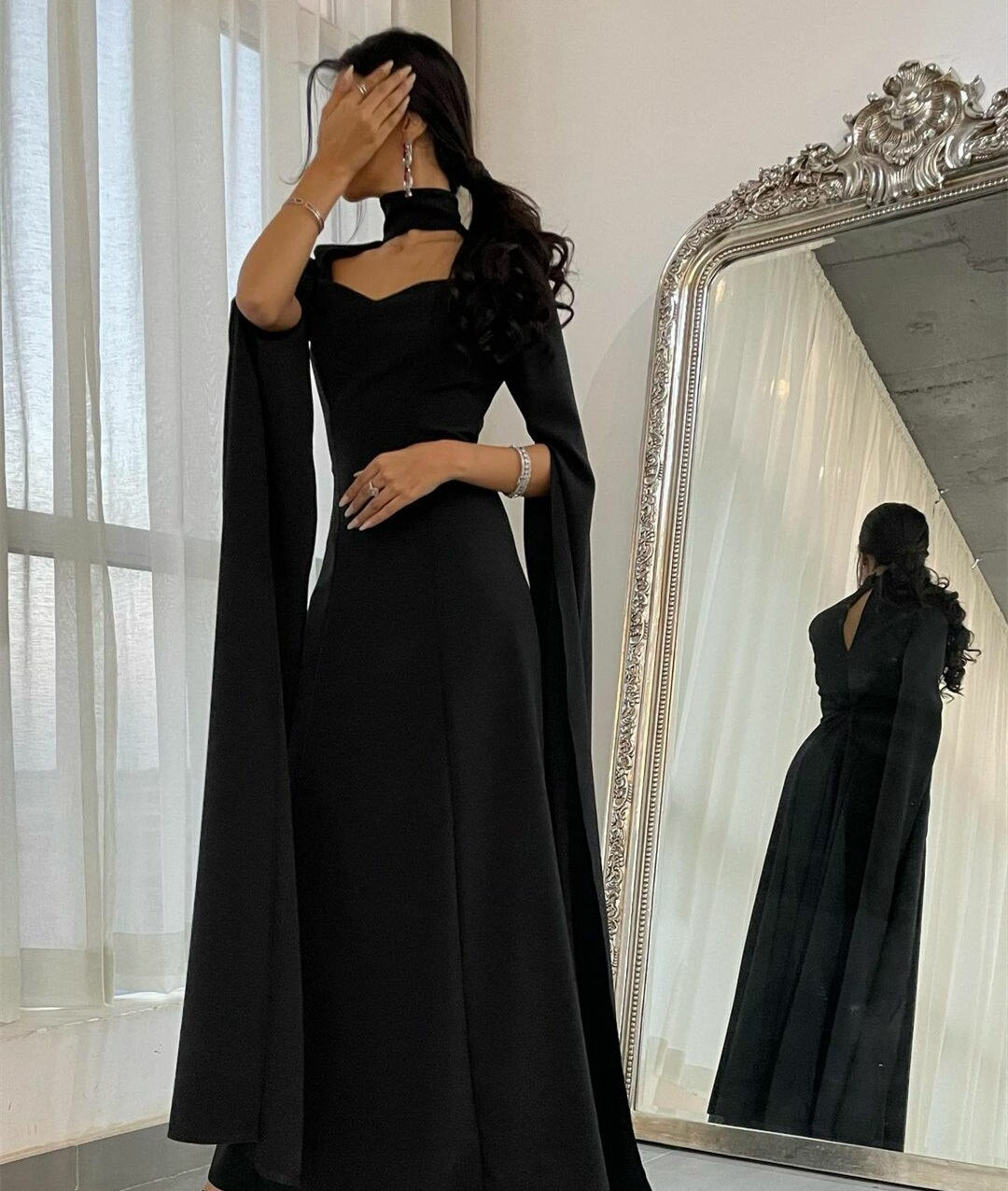 Black Mermaid Evening Dresses Floor-length Party Dress Shawl Sweetheart Prom Gowns Slit