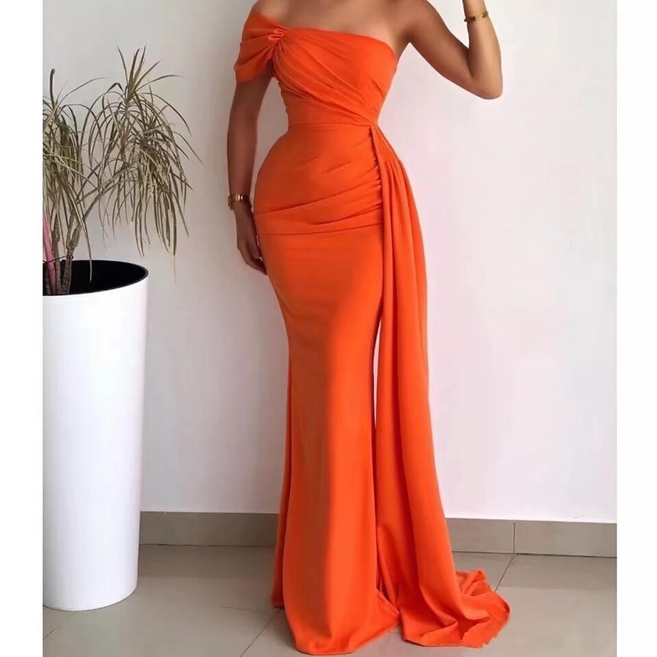 Elegant One Shoulder Mermaid Prom Dresses for Women Ruched Party Gowns Draped Ribbon Evening Celebrity Dress