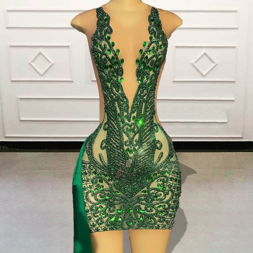 Black Girls Luxury Beaded Diamond Green Short Prom Dresses for Birthday Party Sexy See Through Women Mini Cocktail Gowns