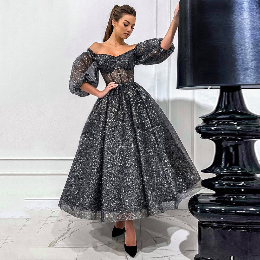 Off The Shoulder Glitter Prom Dress A Line Tea Length Party Gown with Sleeves Short Cocktail Dresses Homecoming Robe De Soirée