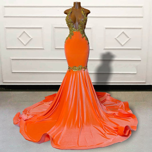 Gold Lace Orange Mermaid Long Prom Dresses for Graduation Party Sexy Sheer Mesh Backless Women Custom Formal Evening Gown